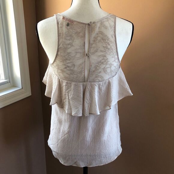 REBECCA TAYLOR WOMENS 2 BEIGE TAN SILK LACE RUFFLE CAMI TANK BLOUSE - Picture 6 of 11